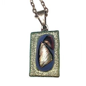Artisan Green and Gold Rectangular Pendant Necklace